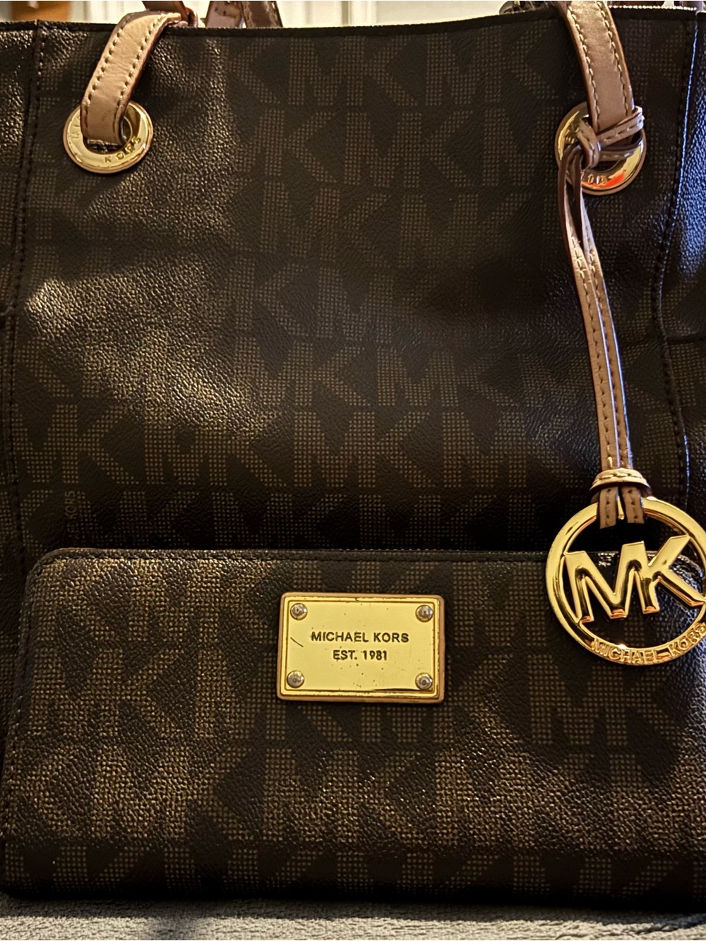 Michael Kors Brown and Tan Signature MK Tote with Gold Accents